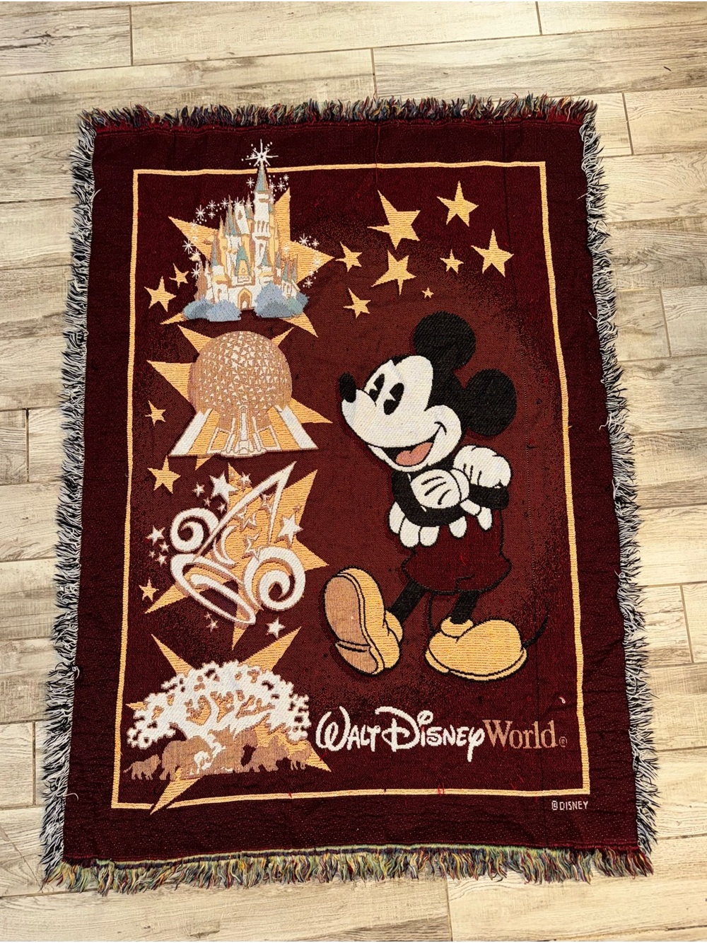 Disney Mickey Mouse Burgundy and Gold Woven Throw Blanket